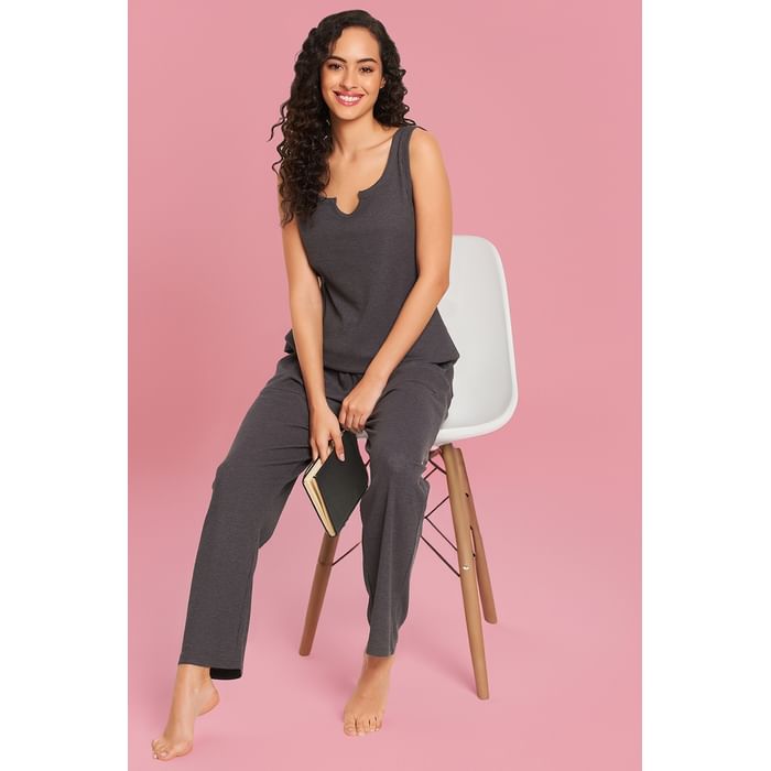 

Clovia Waffle Knit Top & Pyjama Set in Dark Grey - 100% Cotton - LS0615P05