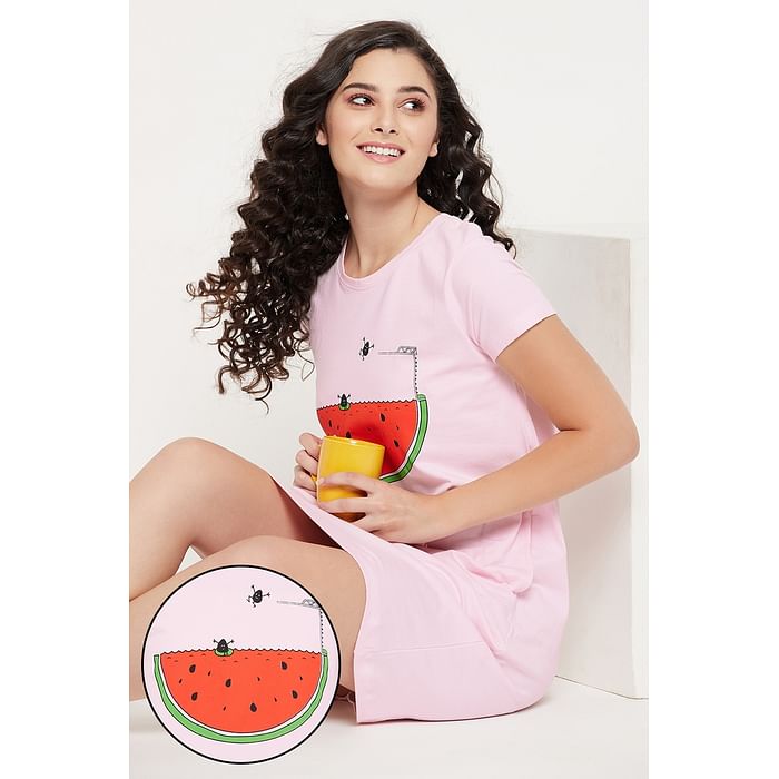 

Clovia Watermelon Print Short Nightdress in Baby Pink - 100% Cotton - NS1209D34, Teal