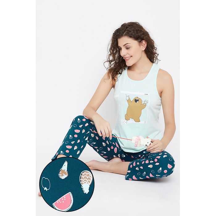 

Clovia We Bare Bears Top & Pyjama in Blue- 100% Cotton - LS0344P08