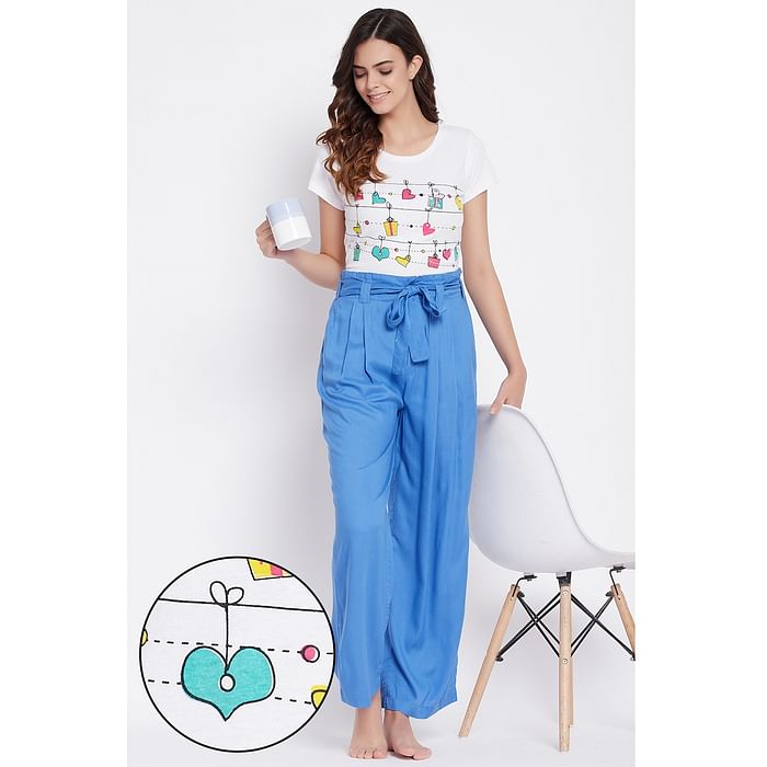 

Clovia White Printed Top & Blue Wide Leg Pants Set - Cotton & Rayon - LSC192P03, Light blue