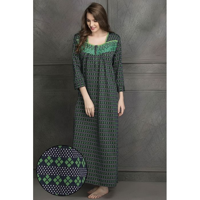 

Clovia Woollen Printed Full Sleeves Night Dress In Green - NSW968P11, Light green