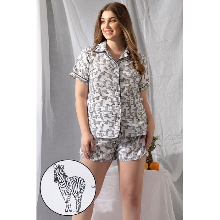 

Clovia Zebra Print Button Down Shirt & Short Set in White - Crepe - LS0141H18