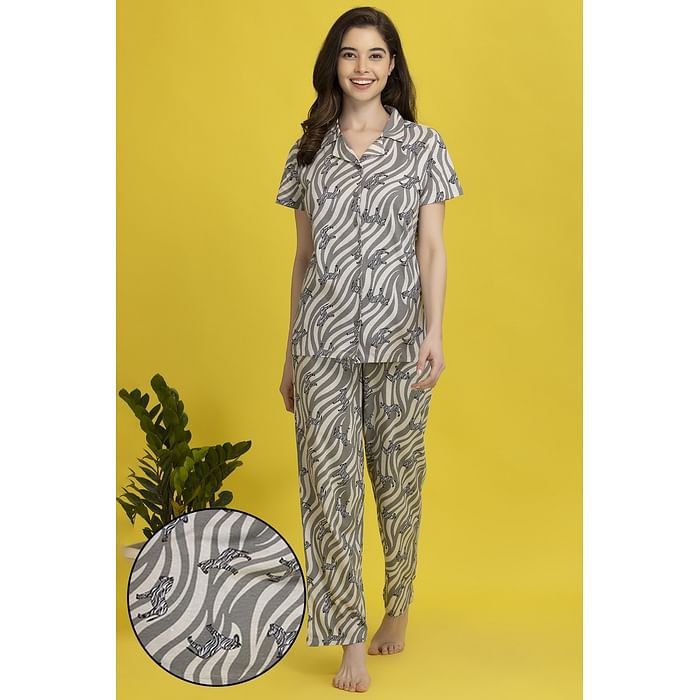 

Clovia Zebra Print Button Down Shirt & Pyjama Set in Grey - 100% Cotton - LS0025K01, Light grey