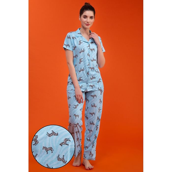 

Clovia Zebra Print Button Down Shirt & Pyjama Set in Sky Blue - 100% Cotton - LS0025J03, Light blue