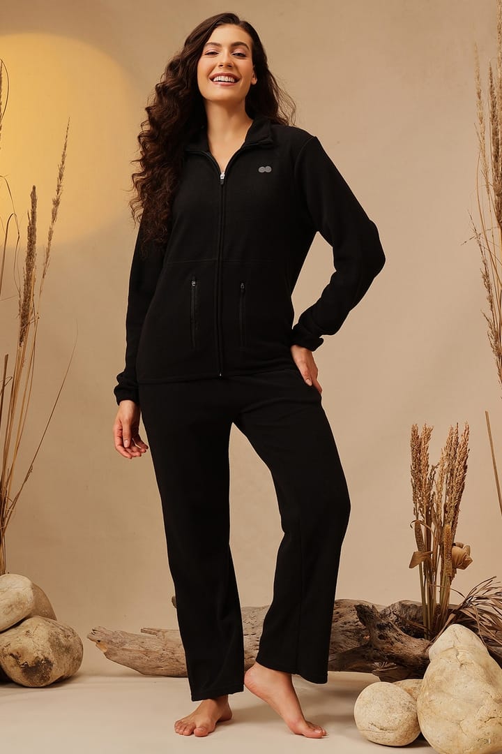 Buy Warm & Fluffy Jacket & Pyjama Set in Black - Fleece Online Buy Warm & Fluffy Jacket & Pyjama Set in Black - Fleece Online