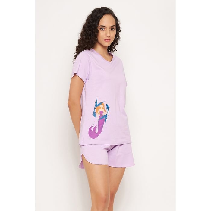 

Clovia Pisces Print Top & Shorts Set in Lilac - 100% Cotton - LS0410S12, Lavender
