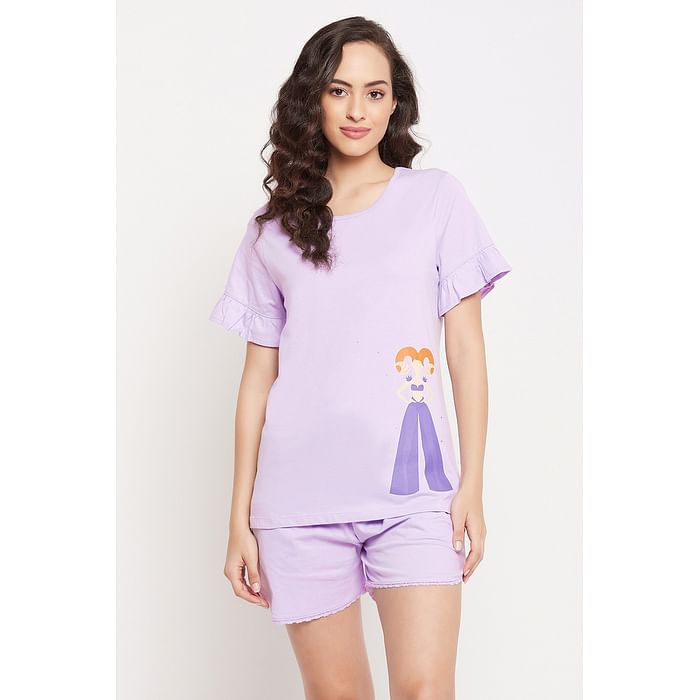 

Clovia Aries Print Top & Shorts Set in Lilac - 100% Cotton - LS0555E12, Lavender