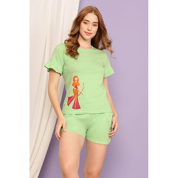 

Clovia Sagittarius Print Top & Shorts Set in Mint Green - 100% Cotton - LS0555E11, Light green