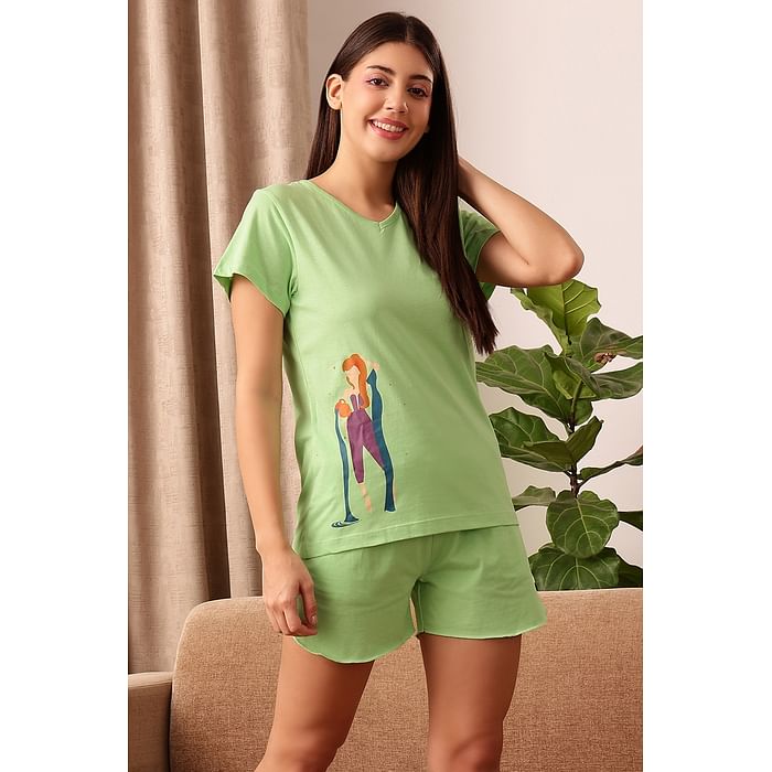 

Clovia Aquarius Print Top & Shorts Set in Mint Green - 100% Cotton - LS0410F11, Light green