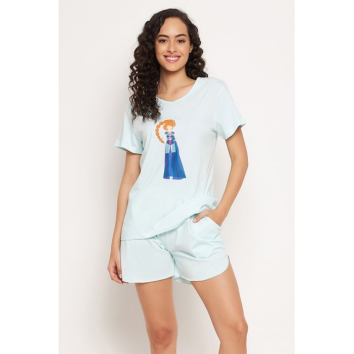 

Clovia Scorpio Print Top & Shorts Set in Sky Blue - 100% Cotton - LS0410S03, Light blue