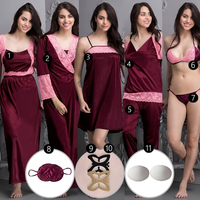 

Clovia 11 Pcs Nightwear Set in Wine - Satin - NSC564P31