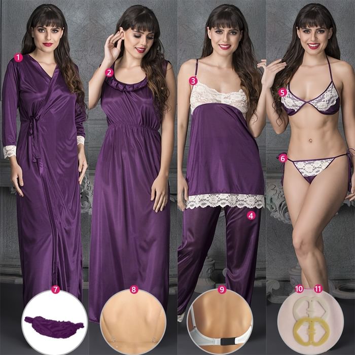 

Clovia 11 Pc Satin Nightwear Set - NSC753G15, Purple