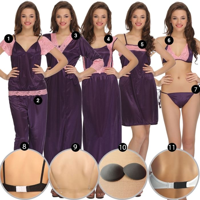 

Clovia 11 Pcs Satin & Lace Nightwear Set in Purple - NSG564P15