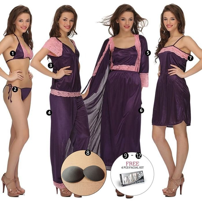 

Clovia 12 Pcs Satin Nightwear Set - NSC564A15, Purple