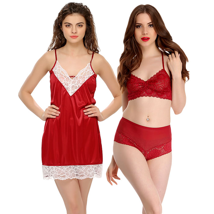 

Clovia 3 Pc Nightwear Set In Maroon - NSC462PQ9