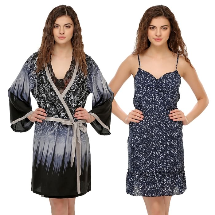 

Clovia 2 Pc Set of Night Slip and Robe - NSC392P08, Navy