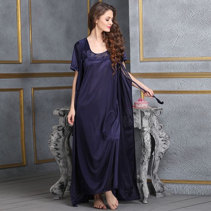 

Clovia Long Night Dress & Robe Set in Navy Blue- Satin - NSM289P08