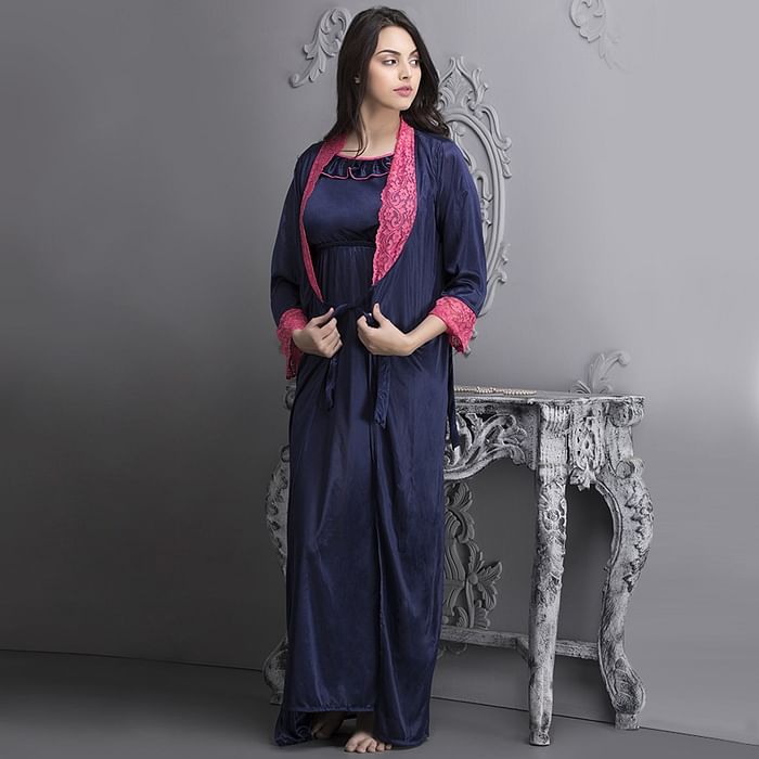 

Clovia 2 PCS SATIN NIGHTWEAR SET IN blue - LONG ROBE & NIGHTIE - NSM295G08, Navy