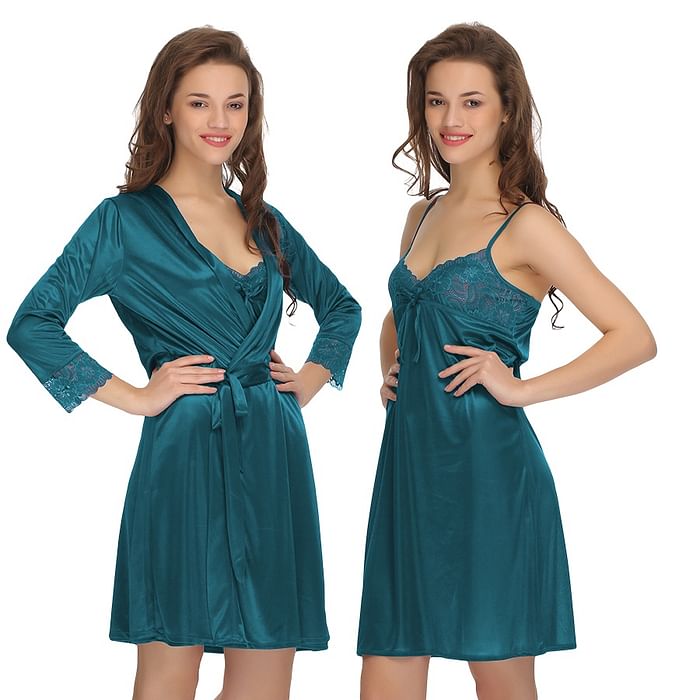 

Clovia 2 Pcs Set Of Nightslip And Robe - NS0286P03, Light blue