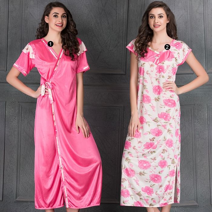 

Clovia 2 Pcs Printed Satin Nightwear In White & Pink - Robe & Nightie - NSM286P22, Light pink