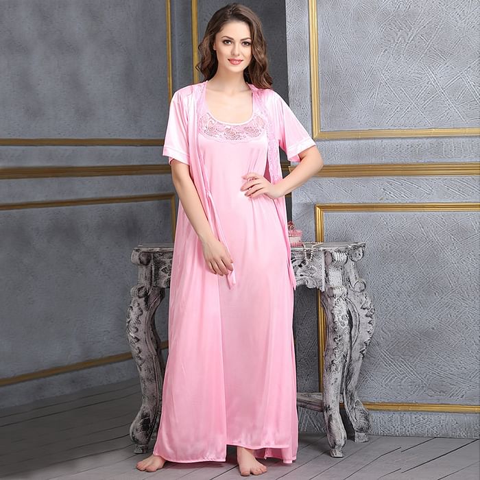 

Clovia Satin Night Dress and Robe Set - NSM289P62