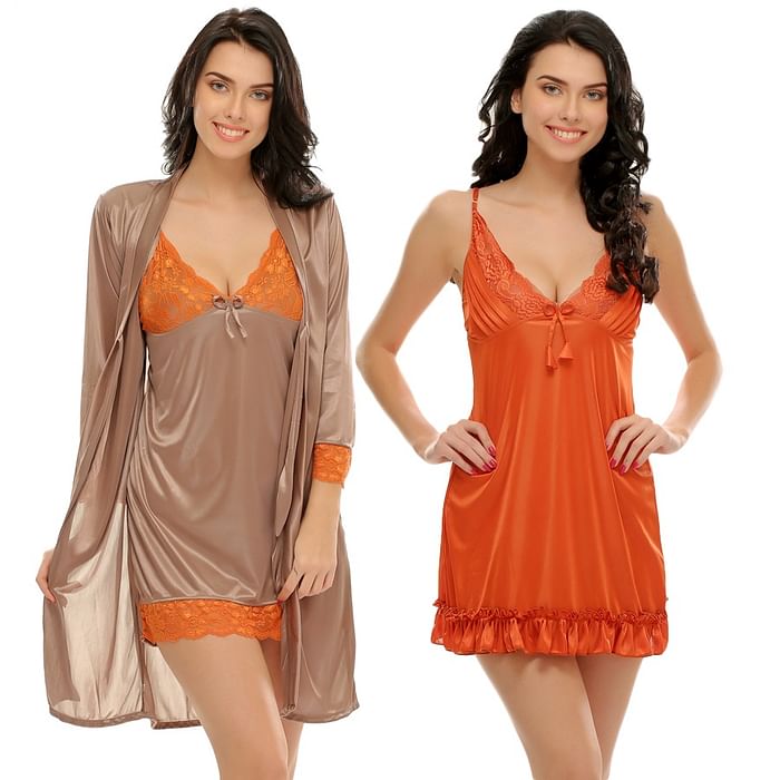

Clovia 3 Pcs Set : 2 Nightslips With A Robe - NSC294P01, Light grey