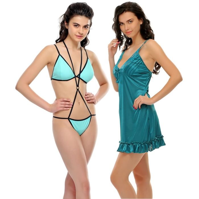

Clovia 3 Pcs Sexy Lingerie Set - NSC465P17, Dark green