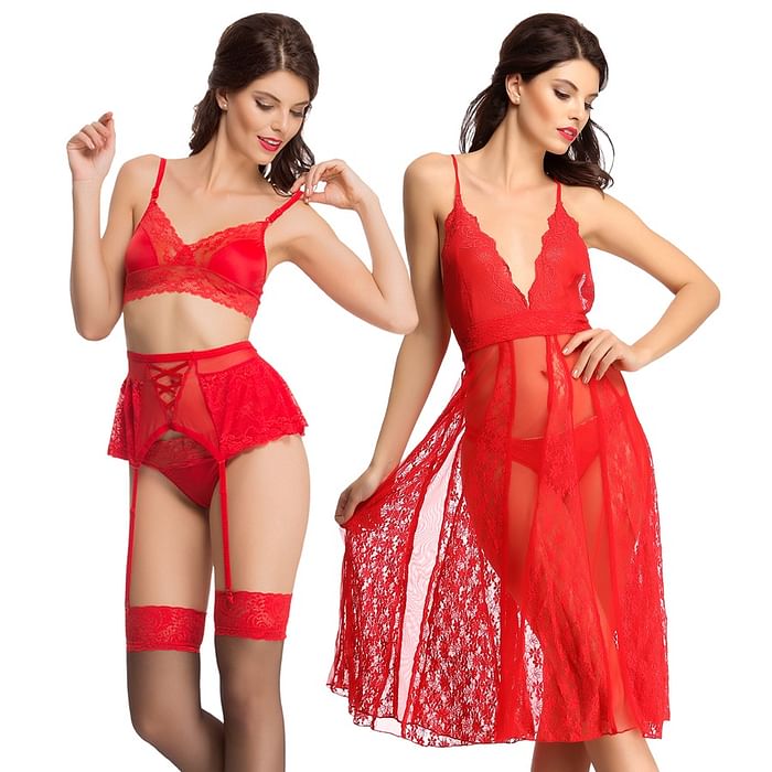 

Clovia 4 Pc Set of Bra-Brief, Garter & Nightdress in Red - BPC482P04