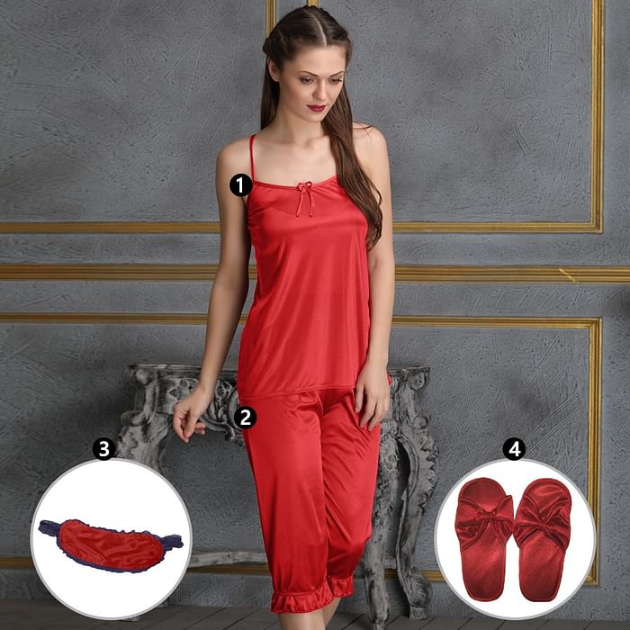 

Clovia 4 Pcs Set of Top & Capri- Eye Mask- Slipper - NSM281C04, Red