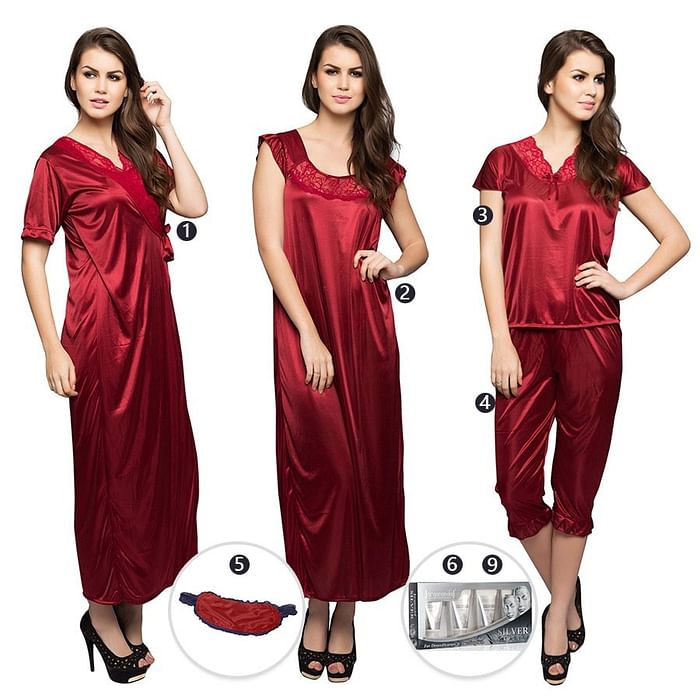 

Clovia 9 Pc Nightwear Set - NSM236M09, Maroon