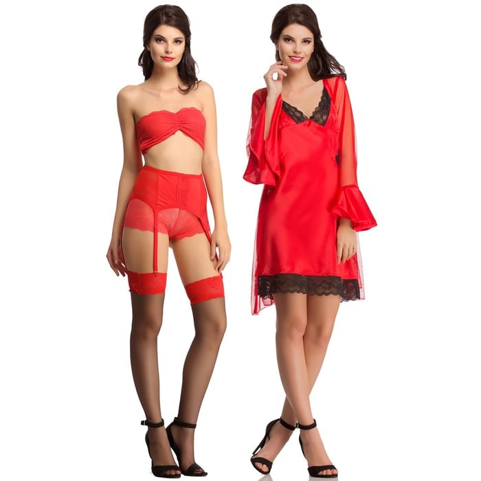 

Clovia 5 Pc Nightwear Set In Red - BPC218P04