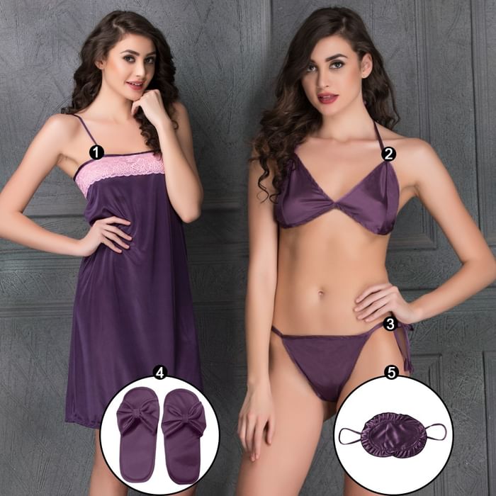 

Clovia 5 Pcs Satin & Lace Nightwear Set in Purple - NSM564G15