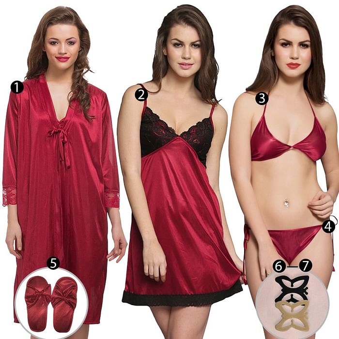 

Clovia 7 Pcs Satin & Lace Nightwear Set in Maroon - NSC484P09
