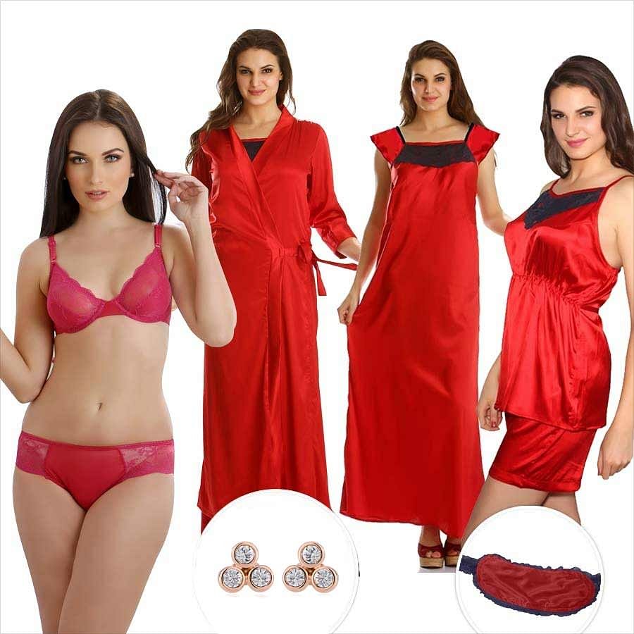 Buy 7 Pcs Combo Of Premium Satin Nightwear And Bra-Panty Set Online India,  Best Prices, COD - Clovia - NSC179E99