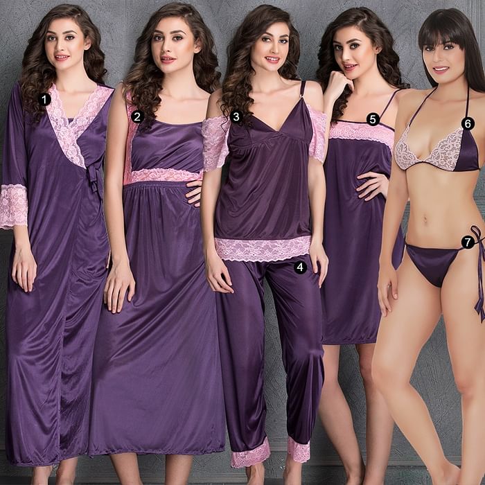 

Clovia 7 Pcs Satin Nightwear Set in Wine Colour - NS0564P15, Purple