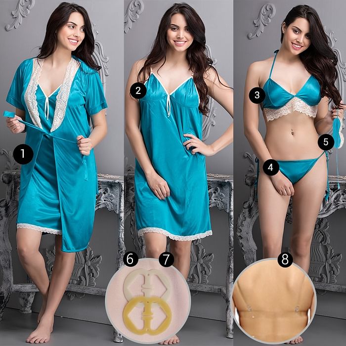 

Clovia Satin 8 pc Nightwear Set - NSC752C03, Light blue