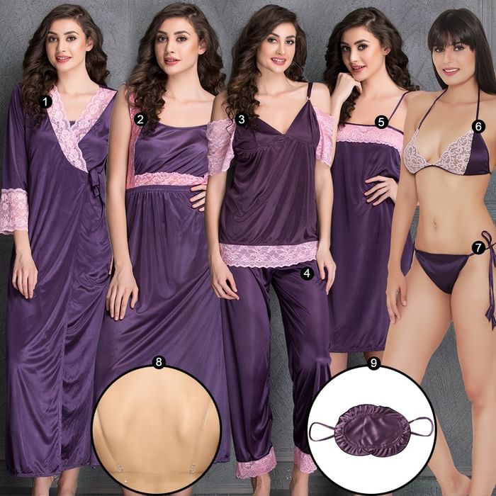 

Clovia 9 Pc Nightwear Set - NS0564Q15, Purple