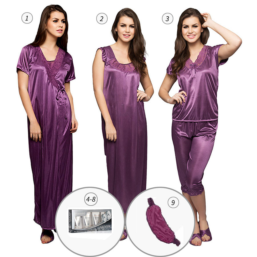 Clovia Women Plunging Neck Top And Shorts Nightwear Set With Lace Work  -NS0673P01