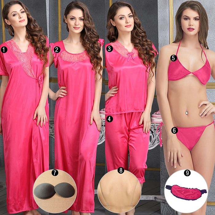 

Clovia 9 Pc Nightwear Set in Dark Pink - NSC236C23