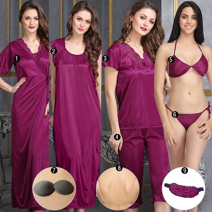 

Clovia 9 Pc Nightwear Set In Wine - NSC389G31