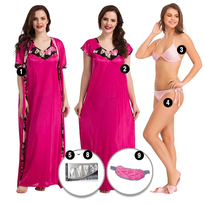 

Clovia 9 Pc Satin Nightwear Set - NSH006A13, Black