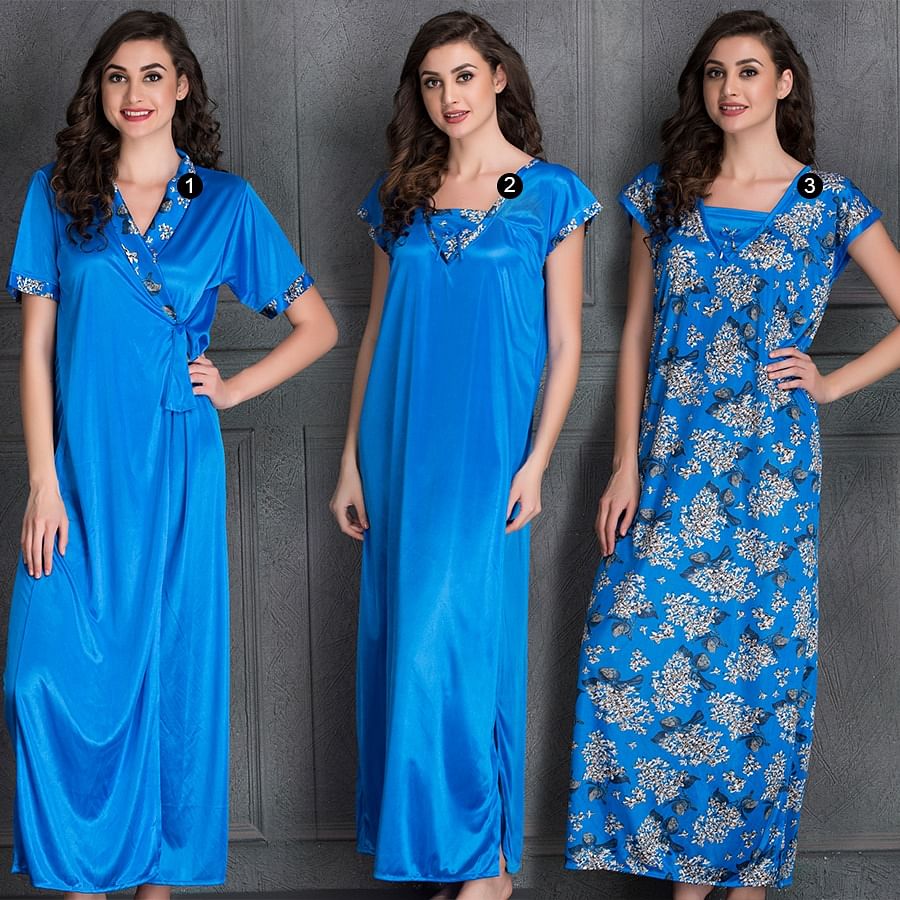 Buy 3 Pc Satin Floral Print Nightwear Set in Blue Online India, Best ...
