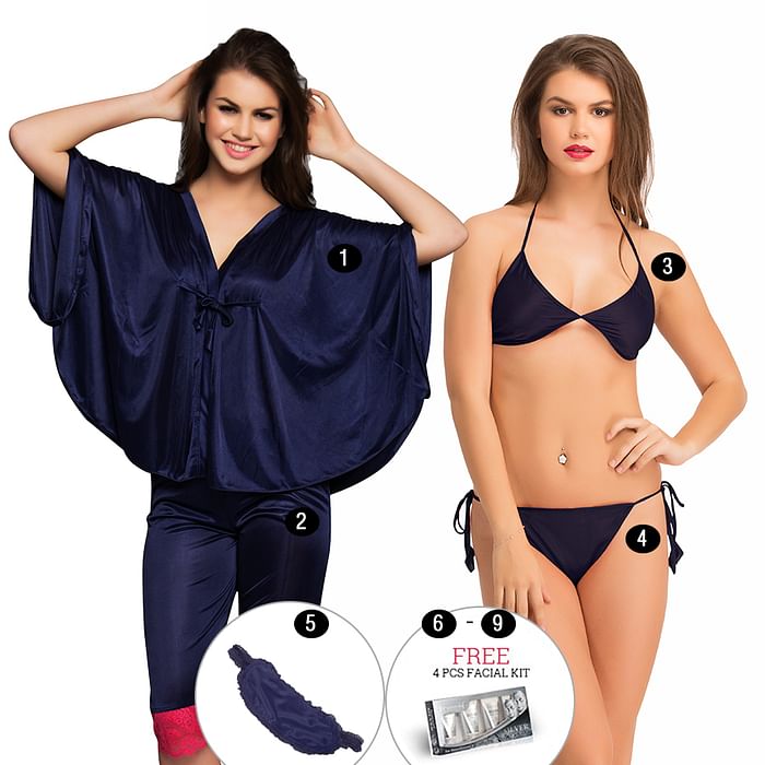 

Clovia 9 Pc Satin Nightwear Set - Blue - NSM296A08, Navy