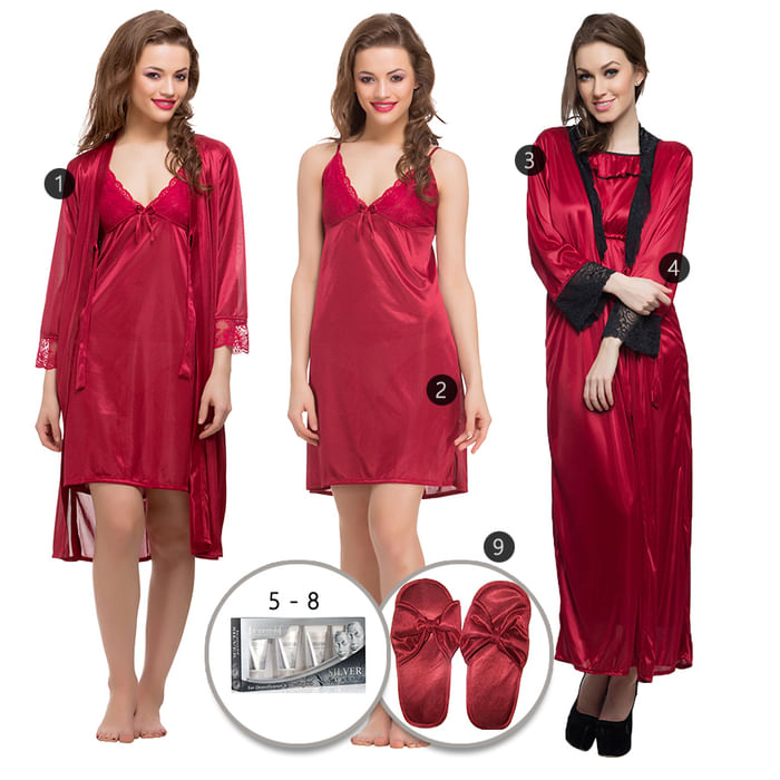 

Clovia 9 Pc Satin Nightwear Set - Maroon - NSM295A09