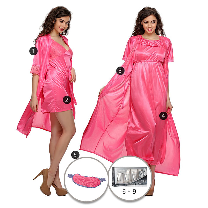 

Clovia 9 Pc Satin Nightwear Set - Pink - NSM295A22, Light pink