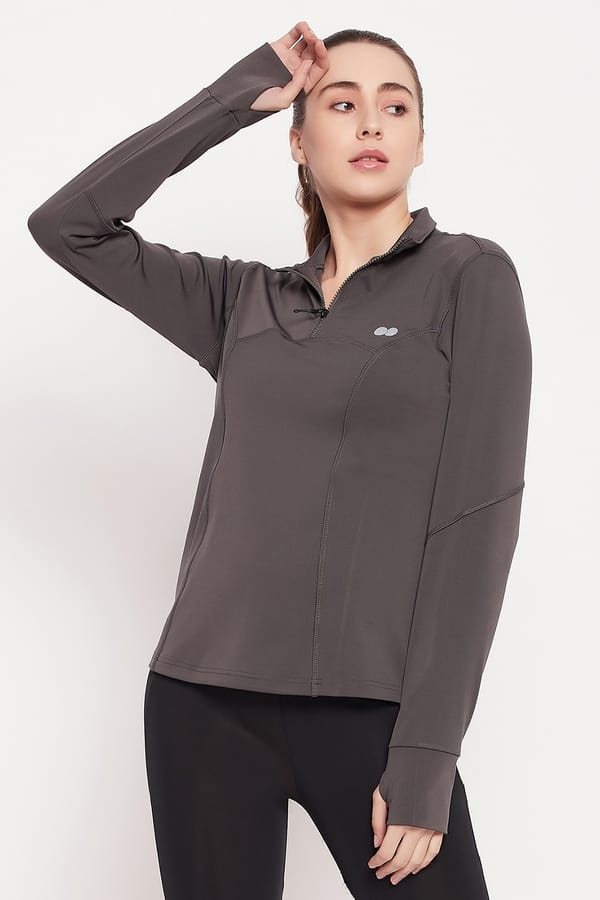 Buy ComfortFit Active Zipper Tshirt in Dark Grey with Thumbhole