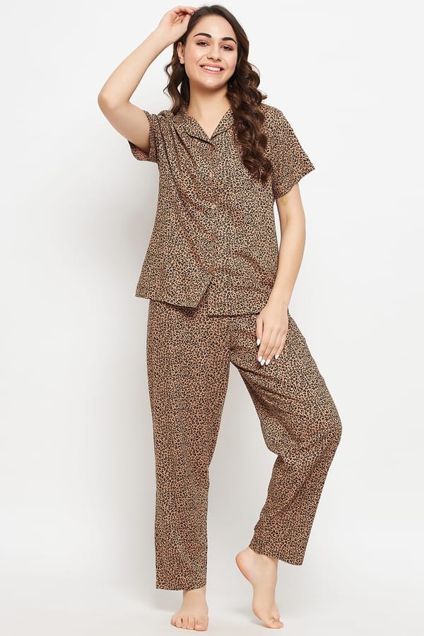 Buy Animal Print Button Down Shirt u0026 Pyjama Set in Nude Colour - Rayon  Online India, Best Prices, COD - Clovia - LS0385G24