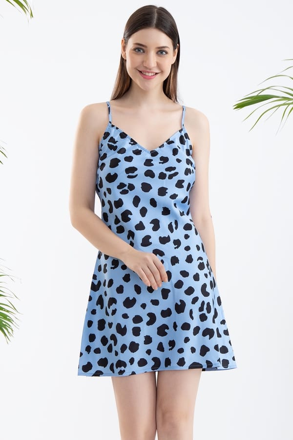 Buy Animal Print Short Night Dress in Powder Blue Satin Online India