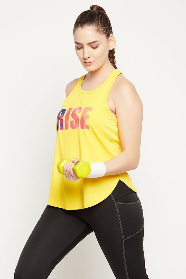 Buy Comfort Fit Text Print Active Tank Top in Yellow Online India, Best