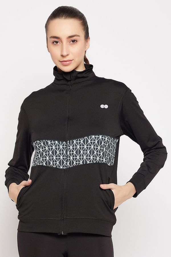 Buy Comfort-Fit Active Jacket in Black with Printed Panel Online India ...